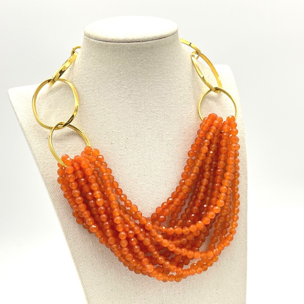 Orange Faceted Multi-Strand Bib Necklace Gold Tone Oval Link Statement 19.5"